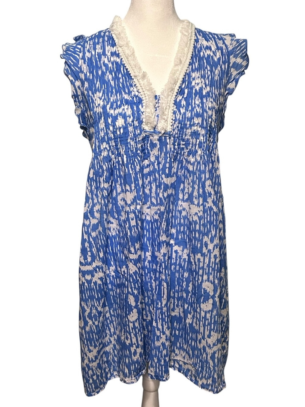 Jude Connally Blue White Fringe Trim Mini Dress XS Resort Boho